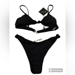 ZAFUL Ribbed Colorblock Cut Out Bikini Swimwear - Deep Green M and Black- Set